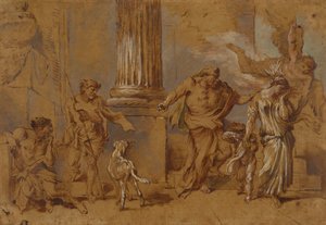 The Expulsion of Hagar, ca. 1640 (rød-brun, blå-grønn og hvit oljemaling og pensel på brunt papir) av Giovanni Benedetto Castiglione