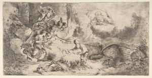 Jomfruen og barnet, Gud far øverst til høyre, engler til venstre, ca. 1647-50. av Giovanni Benedetto Castiglione