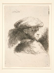 Ung mann sett nesten i full profil og vendt mot høyre. fra serien Les petites tetes d av Giovanni Benedetto Castiglione
