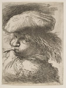 Ung mann med en trompet vendt mot venstre, fra serien Small Heads in Oriental..., ca. 1645-1650. av Giovanni Benedetto Castiglione