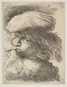 Ung mann med en trompet vendt mot venstre, fra serien Small Heads in Oriental..., ca. 1645-1650. av Giovanni Benedetto Castiglione