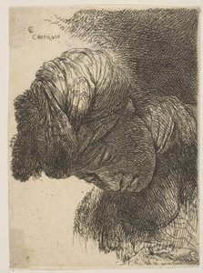 Ung mann med senket hode, iført turban, vendt mot venstre, fra serien o..., ca. 1645-1650. av Giovanni Benedetto Castiglione