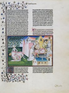 Gabriotto dør i Andreuolas armer, Andreuola bringer liket hjem og blir arrestert, Andreuola blir erklært uskyldig og blir nonne, miniatyr av Decameron, fjerde dag, sjette fortelling, av Giovanni Boccaccio (1313-1375)