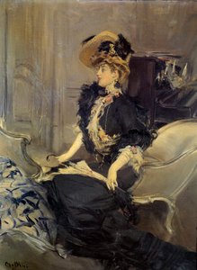 Belle Epoque: "" besøket""" Elegant ung kvinne i kveldskjole. Maleri av Giovanni Boldini av Giovanni Boldini