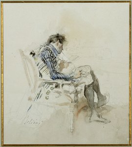 Gentleman sitter i en lenestol og leser en bok og røyker en pipe av Giovanni Boldini