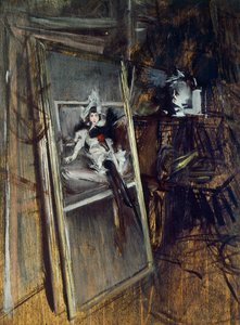 Inne i malerens atelier med maleri Young Girl, Errazuriz, av Giovanni Boldini (1842-1931) av Giovanni Boldini