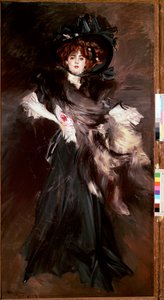Portrett av Mademoiselle Lantelme Ung kvinne kler seg i svart mote Belle Epoque. Maleri av Giovanni Boldini (1842-1931) 1907 søn. 227x118 cm Roma, Nasjonalgalleriet for moderne kunst av Giovanni Boldini