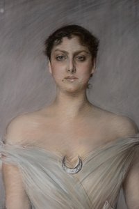 Portrett av en dame i hvitt med hansker og vifte, detalj av Giovanni Boldini