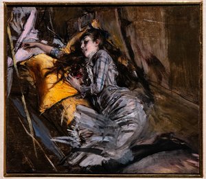 Liggende jente i Tartan-kjole av Giovanni Boldini