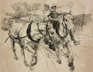 Forsterkende vognhester, gravering fra originaltegning av Giovanni Boldini, fra hans maleri, fra L'Illustrazione Italiana, nr. 2, 9. januar av Giovanni Boldini