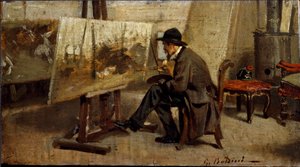 Maleren Giovanni Fattori i verkstedet hans Maleri tilskrevet Giovanni Boldini (1842-1931) 1863-1869 Søn. 13x24 cm Milan privatsamling av Giovanni Boldini