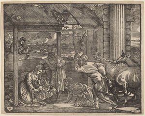 Hyrdenes tilbedelse av Giovanni Britto after Titian