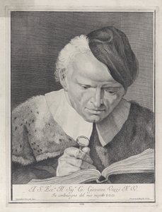 Mann i hatt leser en bok med forstørrelsesglass, 1743. av Giovanni Cattini