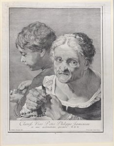 Gammel kvinne med en rosenkrans og en gutt som teller mynter, 1743. av Giovanni Cattini
