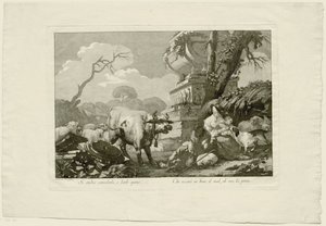 Hyrdefamilie med storfe ved antikk grav av Giovanni David