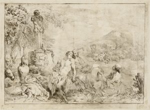 Landskap med en Satyr-familie og klassisk skulptur av Giovanni David after Giovanni Benedetto Castiglione
