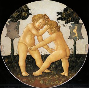 Putti spiller, detalj fra baksiden av fødselsbrettet (rundt maleri), ca 1450, av Giovanni di Ser Giovanni, kjent som Lo Scheggia (1406-1486), tempera på tre
