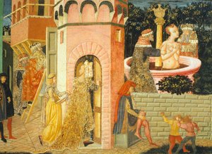 Historier om Susanne, rundt 1450, høyre side av malt bryst av Giovanni di Ser Giovanni, kjent som Lo Scheggia (1406-1486), tempera på panel, detalj