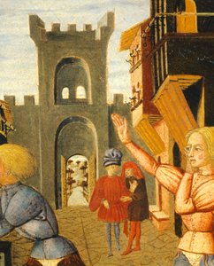 spill kalt civettino, detalj av høyre side av fødselsbrettet (rundt maleri), rundt 1450, av Giovanni di Ser Giovanni, kjent som Lo Scheggia (1406-1486), tempera på panel