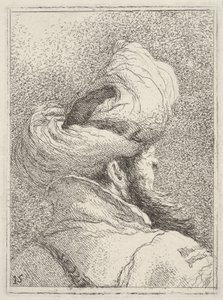Skjeggete mann med turban, avbildet som byste bakfra i trekvart profil, fra «Samling av hoder» (Raccolta di teste) av Giovanni Domenico Tiepolo