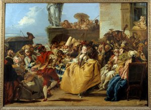 Karnevalsscene eller "" the Menuet"" Dansescenemaske på 1700-tallet. Maleri av Gian Domenico Tiepolo (1727-1804) Søn. 1,12x0,8 m.