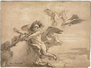 Amor med bind for øynene og to duer, 1757 eller senere. av Giovanni Domenico Tiepolo
