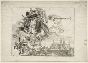 Flyvning til Egypt: Dedikasjon med bevinget berømmelsesfigur som bærer våpenet til prins-biskopen av Würzburg av Giovanni Domenico Tiepolo
