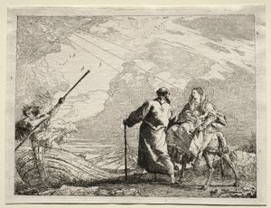 Flytur til Egypt: Den hellige familie ankommer elvebredden. av Giovanni Domenico Tiepolo