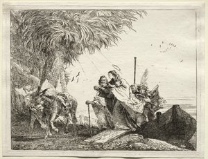 Flyvning til Egypt: Den hellige familie, ilandstigning. av Giovanni Domenico Tiepolo
