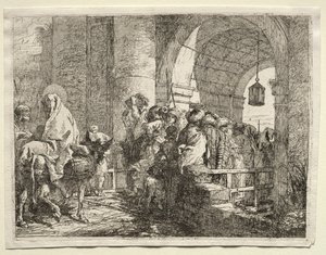 Flyvning til Egypt: Den hellige familie går under en bue. av Giovanni Domenico Tiepolo