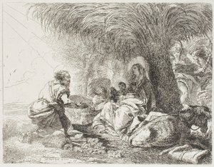 Joseph Adoring the Child Mens Two Angels Sing, plate nitten fra The Flight into Egypt av Giovanni Domenico Tiepolo