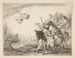 Joseph Contemplates the Infant Jesus, fra serien Picturesque Ideas over the Flight into Egypt (Flight into Egypt) av Giovanni Domenico Tiepolo