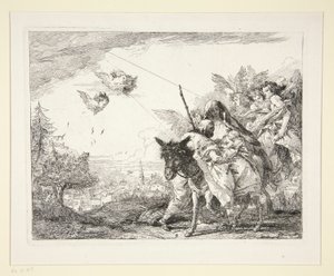 Joseph Contemplates the Infant Jesus, fra serien Picturesque Ideas over the Flight into Egypt (Flight into Egypt) av Giovanni Domenico Tiepolo