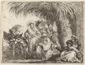 Joseph kneler med barnet foran Maria på eselet av Giovanni Domenico Tiepolo