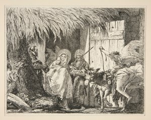Josef og Maria foran et hus, fra serien Idee pittoresche sopra la fuga in Egitto (Flight into Egypt) av Giovanni Domenico Tiepolo