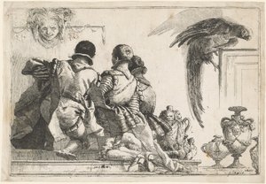 Knestående sider, en maske og en papegøye av Giovanni Domenico Tiepolo