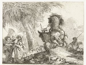 Maria med barn støttet av en engel og Josef fører et esel forbi en hyrde med sauer Fly til Egypt (serietittel) Idea pittoreske sopra la fugga i Egitto (serietittel) av Giovanni Domenico Tiepolo