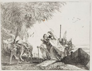 Mary, hjulpet av Josef og en engel, går ut av båten, tallerken atten fra The Flight into Egypt av Giovanni Domenico Tiepolo