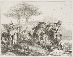 Mary, hjulpet av to engler, følger Josef med eselet, plate 25 fra The Flight into Egypt av Giovanni Domenico Tiepolo