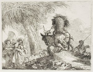 Mary, hjulpet av en engel, og Joseph som bærer kurven, passerer en flokk, plate 24 fra The Flight into Egypt av Giovanni Domenico Tiepolo