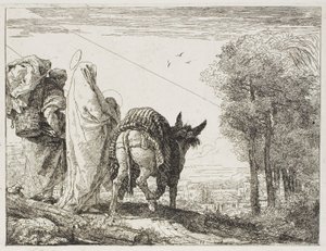 Maria holder barnet i armene og Josef med kurven, tallerken ti fra The Flight into Egypt av Giovanni Domenico Tiepolo