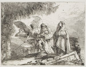 Mary og Joseph, Holding the Child, blir eskortert av en engel, tallerken tolv fra The Flight into Egypt av Giovanni Domenico Tiepolo