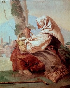 Gammel bondekvinne med en kurv med egg, fra 'Foresteria' (gjestehus) av Giovanni Domenico Tiepolo