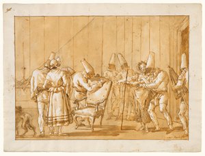 Punchinello blir hjulpet til en stol av Giovanni Domenico Tiepolo