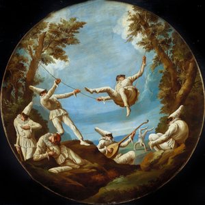 Punchinellos på husker, lager musikk og gjør akrobatikk i et landskap av Giovanni Domenico Tiepolo