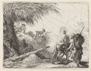 Flykten, hellig familie til høyre, Joseph ser til venstre av Giovanni Domenico Tiepolo
