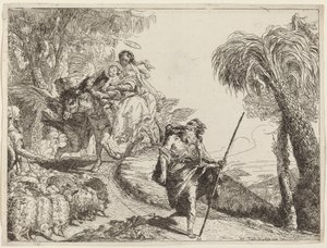 Flukten med Joseph i forgrunnen av Giovanni Domenico Tiepolo