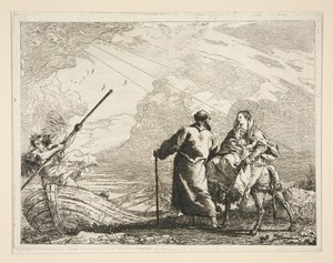 Den hellige familie kommer til bredden av en elv, fra serien Idee pittoresche sopra la fuga in Egitto (Flukten til Egypt) av Giovanni Domenico Tiepolo
