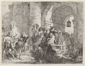 Den hellige familie ankommer en byport av Giovanni Domenico Tiepolo