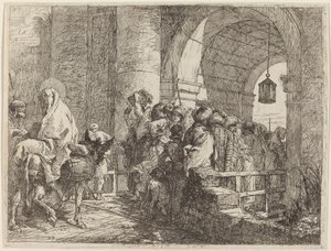 Den hellige familie ankommer en byport av Giovanni Domenico Tiepolo
